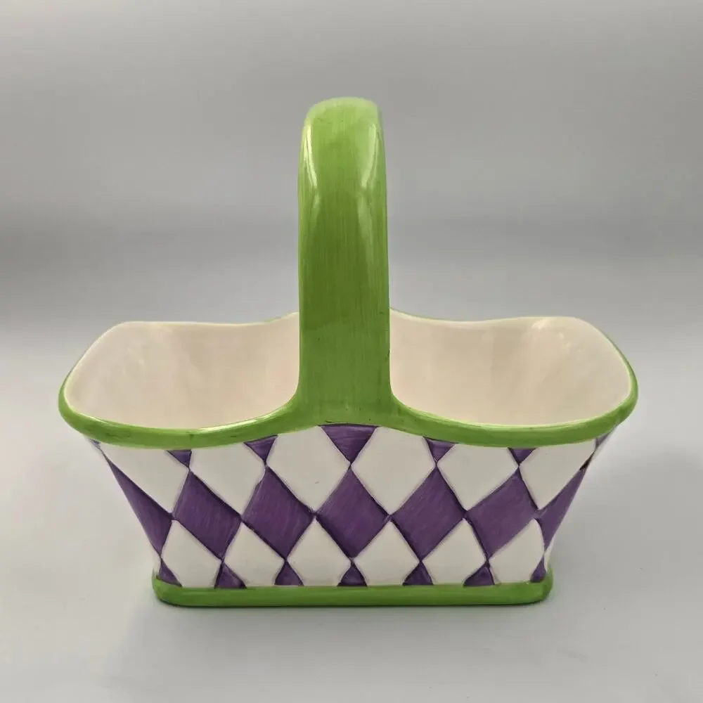 Teleflora Purple White Diamond Checkered Ceramic Basket Planter Green Handle